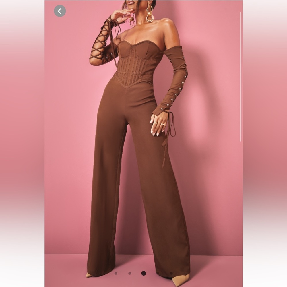 Chocolate brown corset lace up sleeve jumpsuit